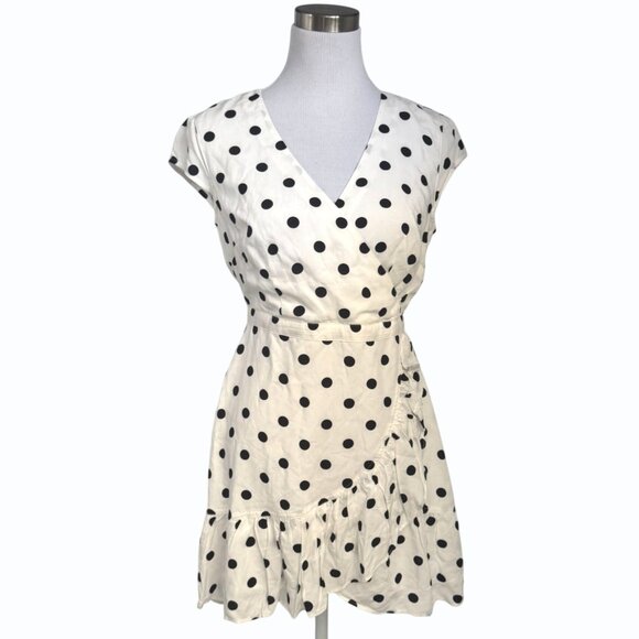 J Crew Polka Dots Faux Wrap Dress Womens 6P Ruffled Front V Neck White Black - Picture 2 of 15